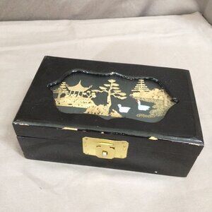 Vintage 1970s Chinese Diorama Jewelry Box Black Lacquer Ware Cork Red Interior